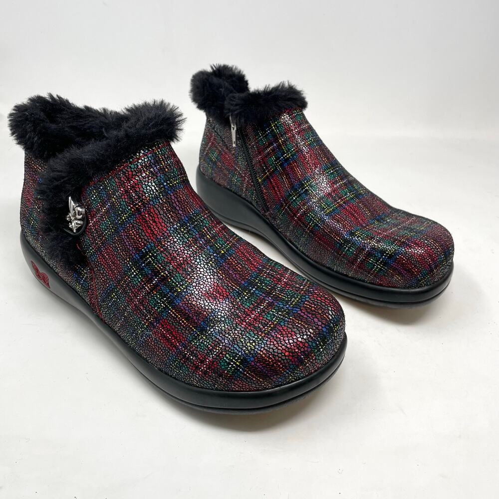 Alegria Meri Tartan Plaid Faux Fur Water Resistant Leather Booties 38 W 8 8.5 W